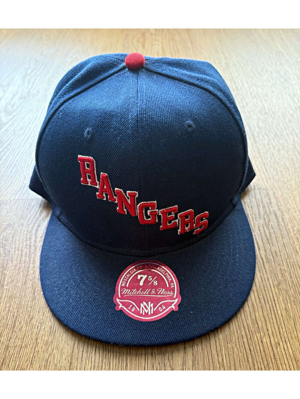 Mitchell & Ness New York Rangers Fitted Hat 7 5/8 Navy Red NHL Flat Brim